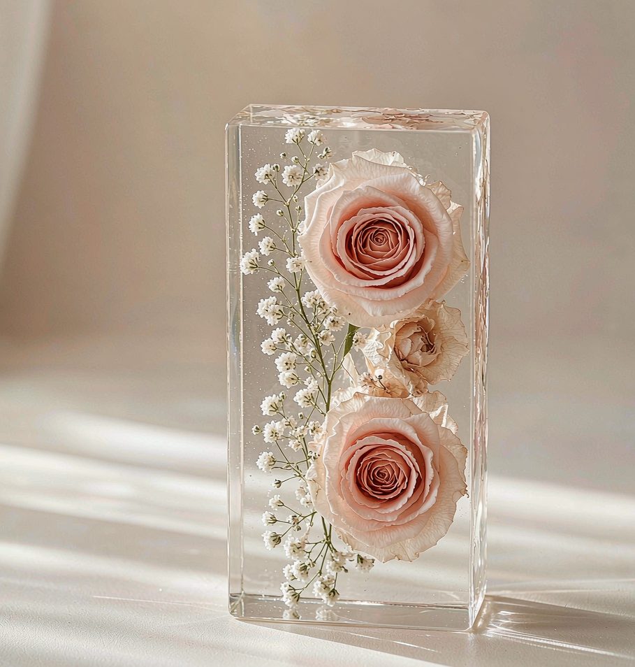 Blush roses and baby's breath suspended in a crystal-clear resin block.